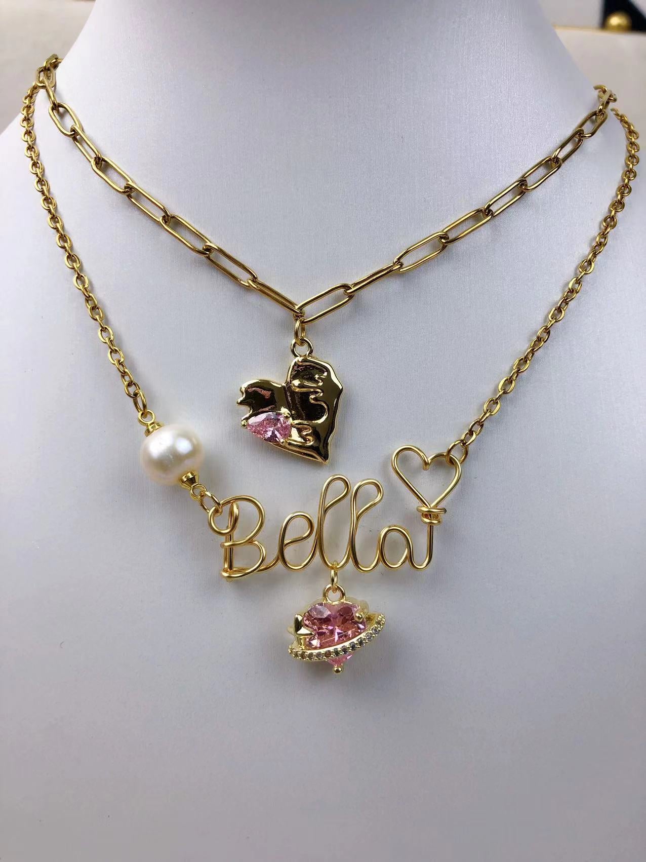 【double necklace】one name nevklace and one charm necklace into one
