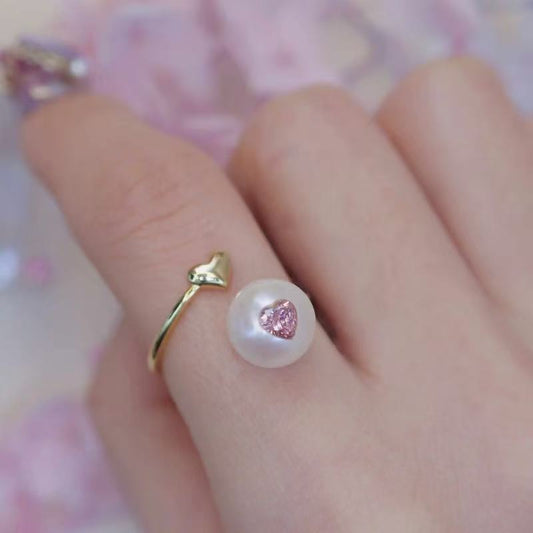 925 Romantic Pearl Wedding Ring with Dual Heart Design