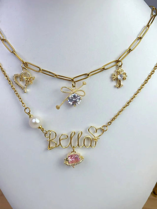 【double necklace】one name nevklace and one charm necklace into one